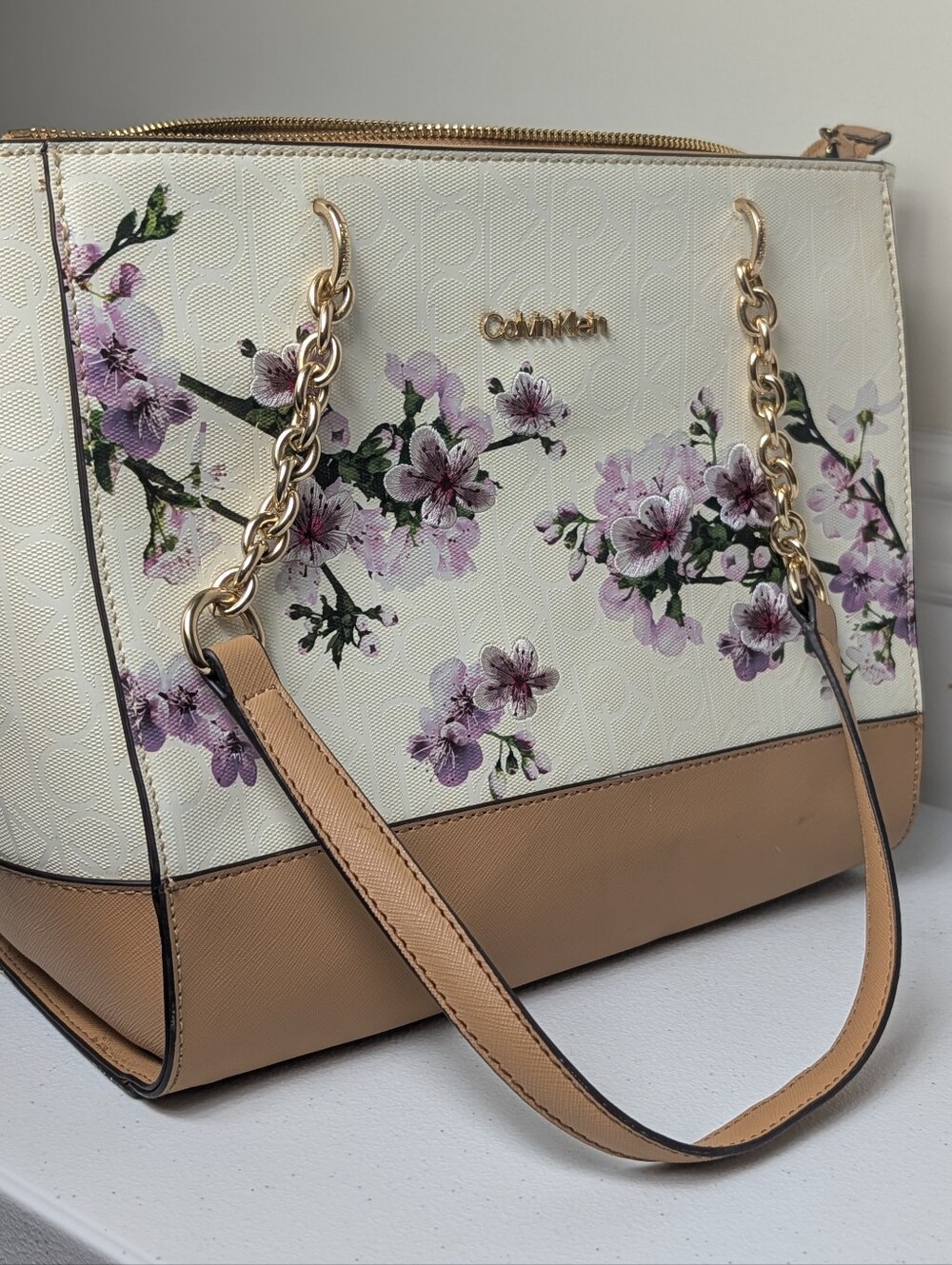 Vintage Calvin Klein Lavender Cherry Blossom Tote | Gold Zip Cherub White - Picture 2 of 8